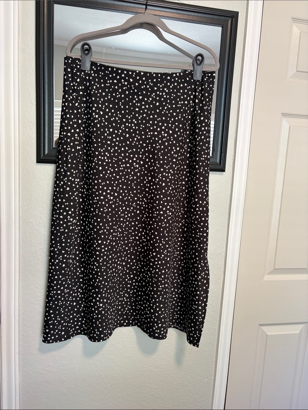a new day Black A-Line Skirt with White Heart Print satin style